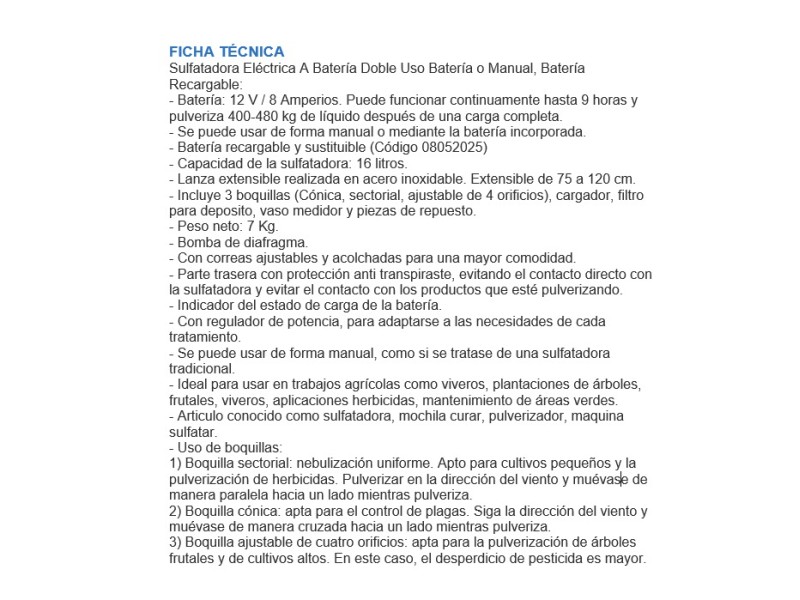 Recambio de ferreteria para universal acc. tienda sulfatadora electrica a bateria doble uso bateria o manual, bate referencia OE