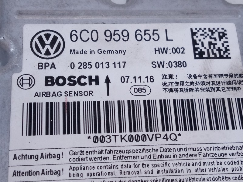 Recambio de centralita airbag para seat toledo (kg3) reference referencia OEM IAM 6C0959655L 0285013117 E2-A1-39-7