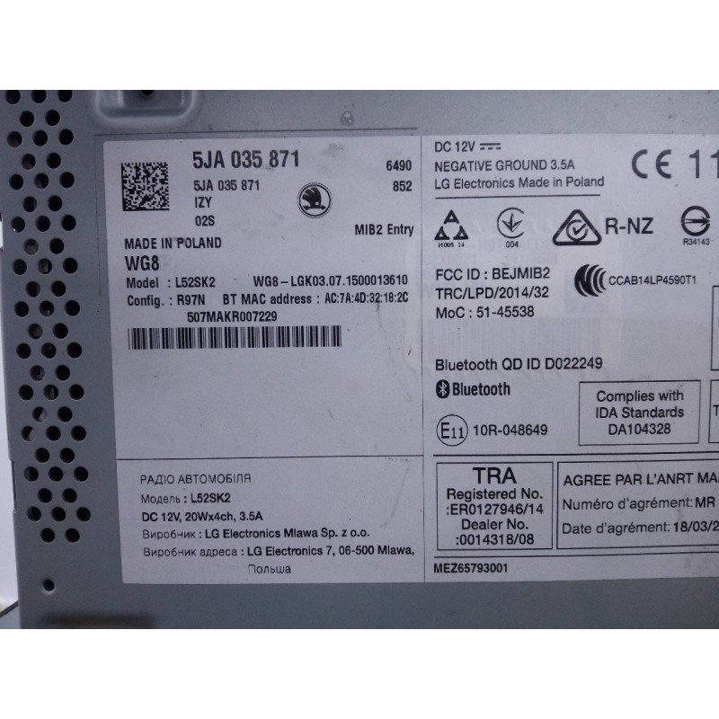 Recambio de sistema audio / radio cd para skoda rapid active referencia OEM IAM 5JA035871  E2-A1-10-7