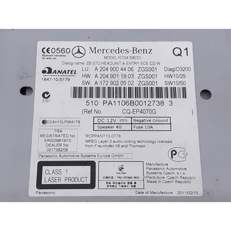 Recambio de sistema navegacion gps para mercedes-benz clase c (w204) lim. c 220 cdi blueefficiency (204.002) referencia OEM IAM 