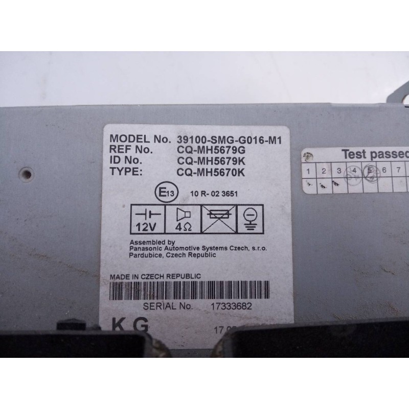 Recambio de sistema audio / radio cd para honda civic berlina 5 (fk) 2.2 i-ctdi comfort referencia OEM IAM 39100SMGG016M1  E3-B5