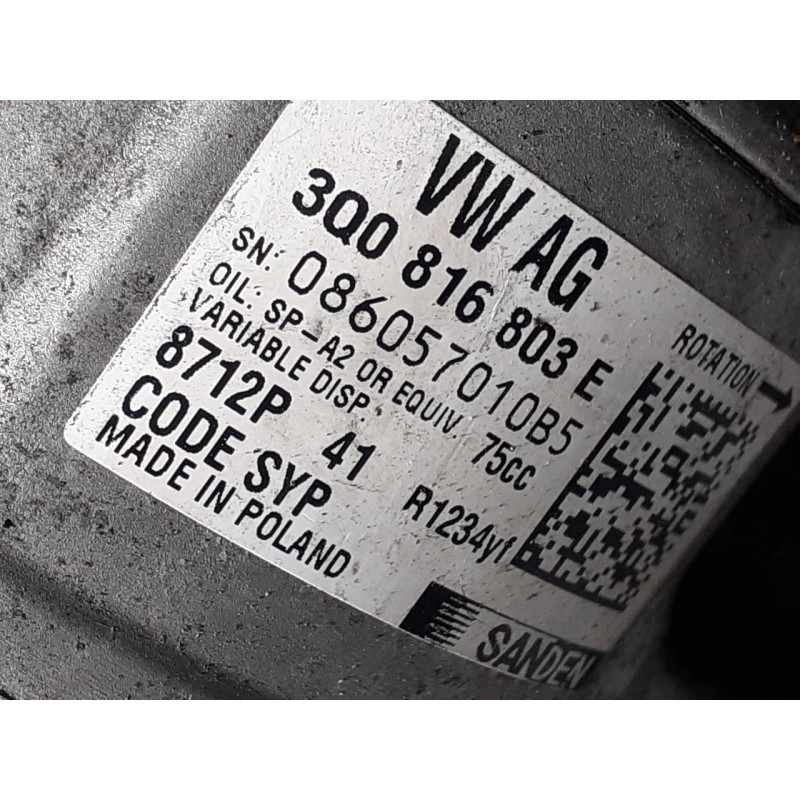 Recambio de compresor aire acondicionado para seat arona xcellence referencia OEM IAM 3Q0816803E 086057010B5 P3-B3-14-3
