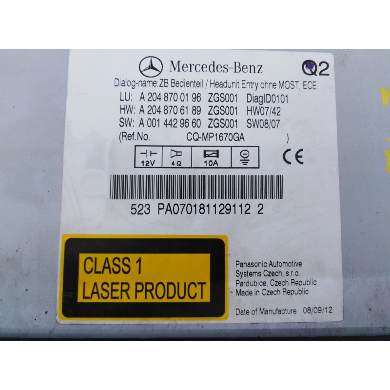 Recambio de sistema audio / radio cd para mercedes-benz clase c (w204) berlina c 220 cdi (204.008) referencia OEM IAM A204906040