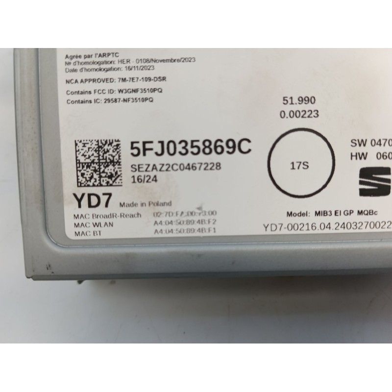 Recambio de sistema navegacion gps para seat ibiza v (kj1, kjg) 1.0 tsi referencia OEM IAM   