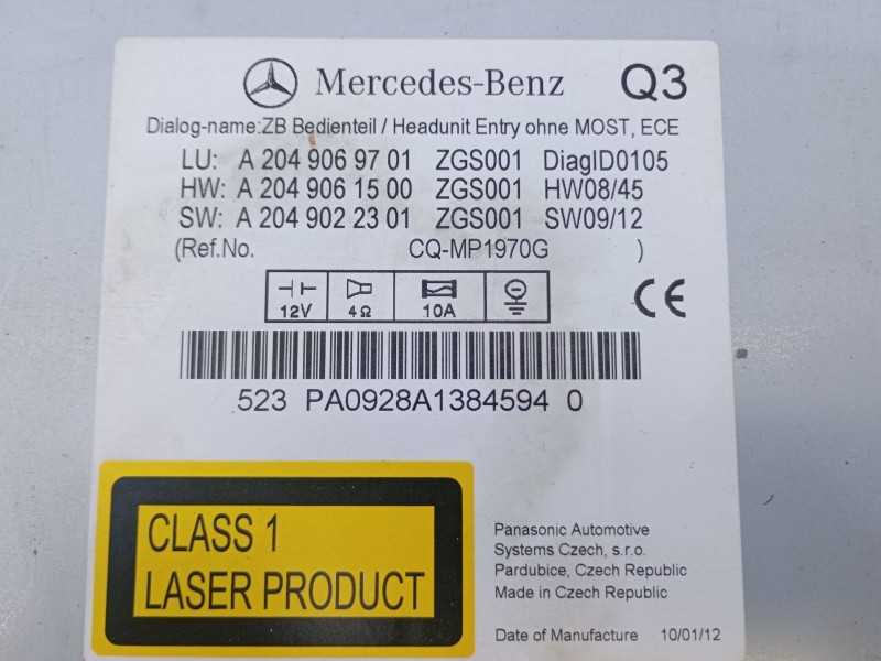 Recambio de sistema audio / radio cd para mercedes-benz clase c (w204) berlina c 200 cdi blueefficiency (204.001) referencia OEM