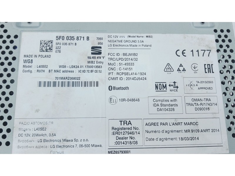 Recambio de sistema audio / radio cd para seat ibiza iv (6j5, 6p1) 1.2 tsi referencia OEM IAM   