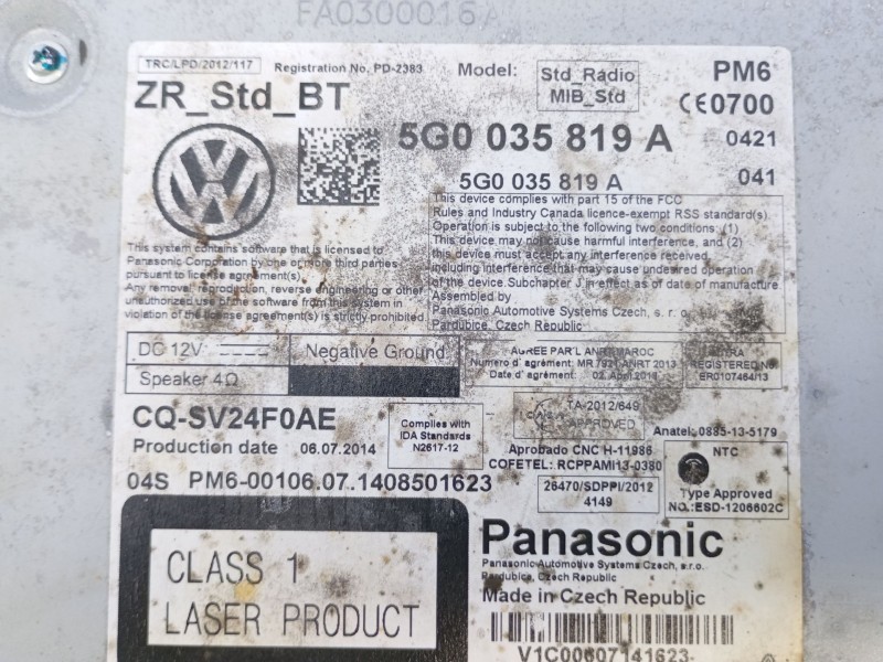 Recambio de sistema de audio/ radio usb para volkswagen golf vii lim. (bq1) sport referencia OEM IAM 5G0035819A 5G0919605 E2-A1-