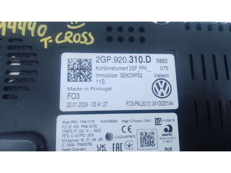 Recambio de cuadro instrumentos para volkswagen t-cross (c11, d31) 1.0 tsi referencia OEM IAM 2GP920310D  