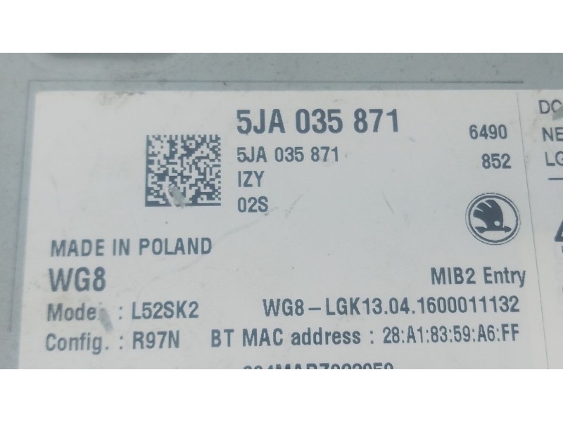 Recambio de sistema audio / radio cd para skoda rapid active referencia OEM IAM   