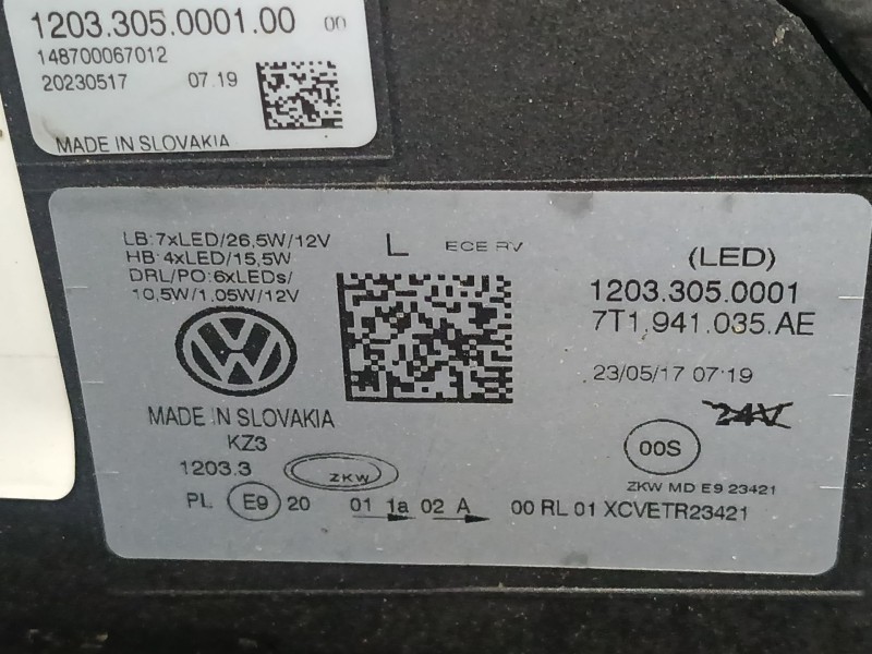 Recambio de faro izquierdo xenon para volkswagen multivan t7 (stm, stn) 1.4 e-hybrid referencia OEM IAM 7T1941035AE  
