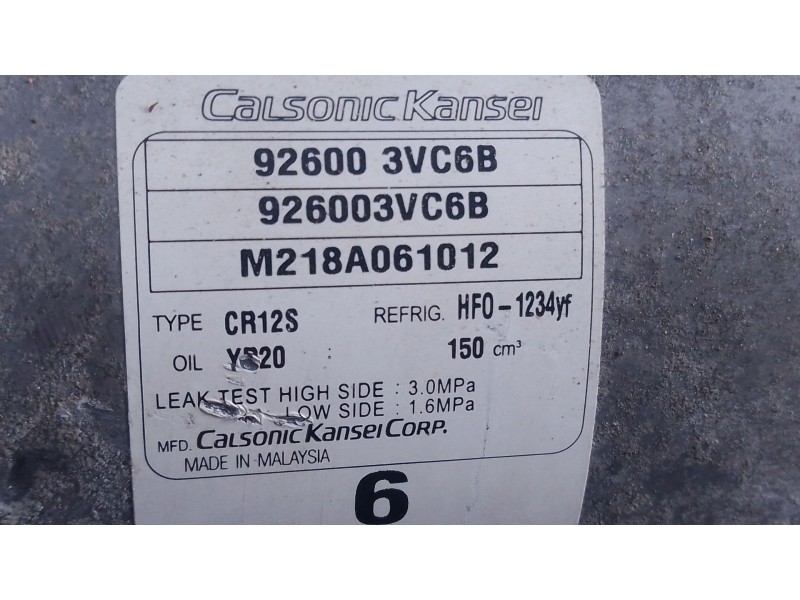 Recambio de compresor aire acondicionado para nissan juke (f15) 1.5 dci referencia OEM IAM 926003VC6B 926003VC6B 