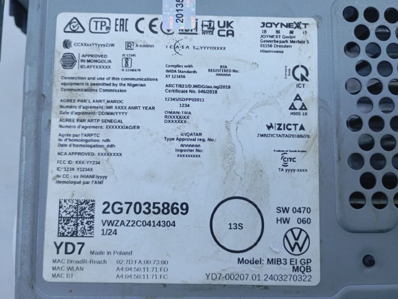 Recambio de sistema navegacion gps para volkswagen t-cross (c11, d31) 1.0 tsi referencia OEM IAM 2G7035869  